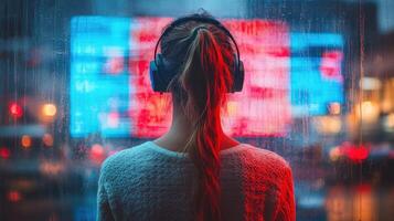 Young woman wearing headphones gazes at colorful city lights through a rain-speckled window at night photo