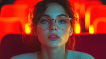 Young woman in glasses watches intently in a cinema with bright lighting and colorful seats at night photo