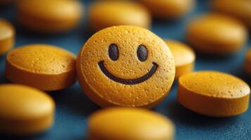 Smiley face tablets scattered on a vibrant blue surface, showcasing playful and vibrant hues in a joyful arrangement photo