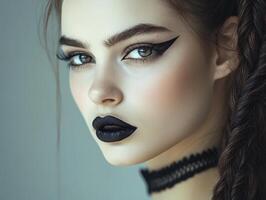 Elegant woman with bold black lipstick, dramatic winged eyeliner, and intricate braid, exuding a gothic allure. Her intense gaze captures attention, complemented by a choker photo