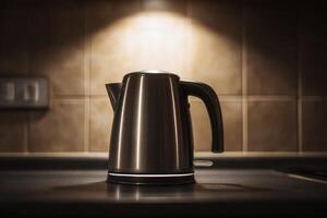 Electric kettle with a sleek metallic finish sits on a kitchen countertop, illuminated by soft overhead lighting. Background features beige tiled wall and light switch photo