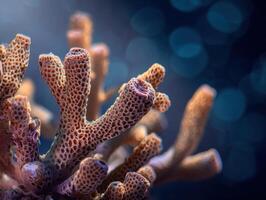 Close-up of vibrant coral branches with textured patterns against a soft-focus background, highlighting intricate details and rich hues. The lighting enhances the natural textures photo