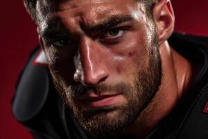 Sweaty man with intense gaze, wearing black padded gear. Close-up of rugged facial features, defined brow, and beard. Lighting highlights expressive eyes, muscular build photo