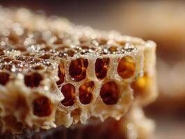 Close-up of a honeycomb with golden honey glistening in natural light, highlighting the intricate, hexagonal wax structure and tiny glistening droplets scattered over its surface photo