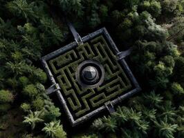 Square hedge maze with circular structure at center, surrounded by dense green forest. Aerial view captures intricate pathways and lush vegetation, offering a sense of mystery and serenity photo