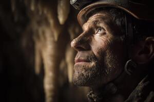 A rugged man with a dirt-covered face looks upward, wearing a helmet and headlamp in a dimly lit cave, with stalactites in the background, conveying exploration and determination photo