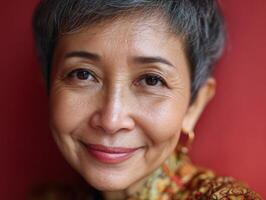 Elderly woman with short gray hair smiles warmly, showcasing facial lines symbolizing wisdom and experience. Her bright eyes and patterned outfit add character and depth to the portrait photo