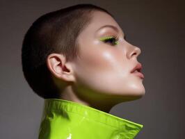 Profile of person with shaved hair and vibrant green eyeliner, wearing a high-collared, glossy green jacket, set against a soft, gradient backdrop, exuding a modern style photo