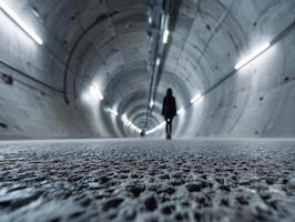 Silhouetted person walks through an illuminated tunnel with concrete textured floor, viewed from a low angle, creating a vanishing point effect. Tubular lights line the tunnel walls photo