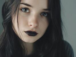 Young woman with long dark hair gazes intently, her lips painted dark, subtle freckles visible. Soft lighting creates a gentle contrast, highlighting her smooth, clear complexion photo