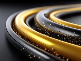 Curved black and golden metallic tubes intertwine, glistening with tiny reflective gold particles that create an abstract, luxurious pattern, emphasizing a sense of movement and elegance photo