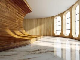 Curved wooden wall leads to large, oval windows casting sunlight on polished, marbled floor, creating a serene and minimalist architectural interior scene photo
