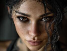 Intense close-up of a woman with piercing amber eyes and tousled dark hair framing her freckled face, expressing a mysterious and captivating expression photo