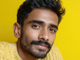 Young man with dark hair and beard in yellow knit sweater, close-up, with soft smile on his face, against yellow background. Warm and inviting expression, well-defined features photo