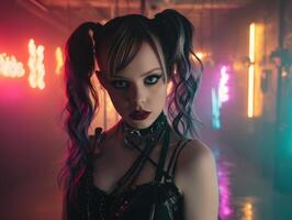 Gothic woman with dark makeup and pigtails stares intensely. Neon lights glow in background, casting colorful reflections on shiny floor. Visual style is edgy and dramatic, text is illegible photo
