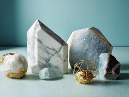 Six minerals and a gold geometric sculpture are artfully arranged. Included are white marbled stone, blue crystal geode, rough quartz, and an angular glass-like mineral photo