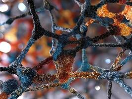 A close-up of an abstract network of intertwined, shimmering strands in blue, orange, and black hues, highlighted by glittery textures and soft-focus areas creating depth photo
