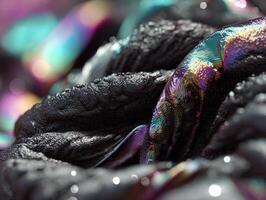 Textured material with iridescent highlights and bubbles, showing a close-up view of a black, shiny surface with multicolored reflections on folds, and defocused light spots photo