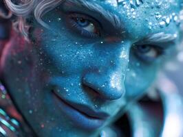 Mystical close-up of a person with blue glittering skin and sparkling embellishments, featuring detailed facial features and striking eye. Hair shows delicate white curls photo
