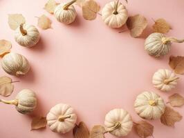 White pumpkins and brown leaves form a circle on a pale surface. The pattern creates an autumnal and festive atmosphere, emphasizing natural textures and earthy tones photo