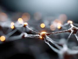Abstract depiction of connected neurons and synapses with glowing nodes, showcasing a detailed network structure. The image is set in a softly focused atmosphere photo
