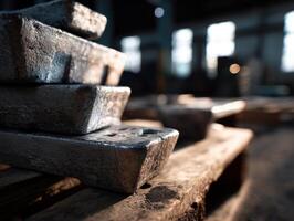 Rough metal ingots stacked on a wooden pallet, illuminated by soft light in an industrial setting. The image has a shallow depth of field, creating a blurry background effect photo