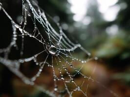 Dew drops glisten on a delicate spider web intricately woven, with the background softly blurred in natural shades of green and brown, creating a serene and tranquil atmosphere photo