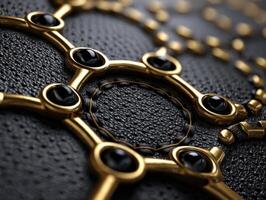 Elegant pattern with gold interlocking rings on textured black leather creates intricate geometric design featuring glossy black stone accents in circular metal settings photo