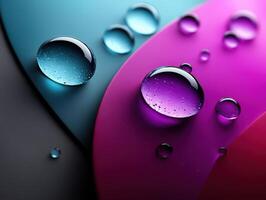Water droplets rest on curved, vibrant surfaces in shades of teal, magenta, and black, creating a striking abstract composition with smooth gradients and reflective highlights photo