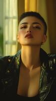 Confident person with short hair, wearing a black leather jacket, bold makeup, and hoop earrings, gazes upward. Background window curtain adds a soft, diffused lighting effect photo