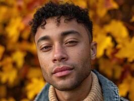 Curly-haired guy with light beard, wearing a denim jacket over a beige turtleneck sweater. Background filled with vibrant yellow and orange autumn leaves photo