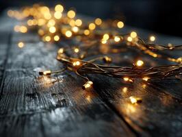 Golden fairy lights intertwined on a wooden surface, creating a warm, glowing ambiance. The rustic texture of the wood contrasts with the soft, unfocused bokeh lights. No text present photo
