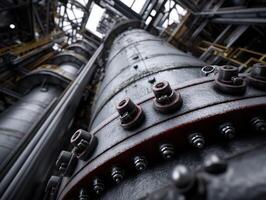 Industrial scene with towering metal structures, cylindrical shapes, bolts, and rivets. The perspective highlights the massive scale, with intricate details in the construction photo