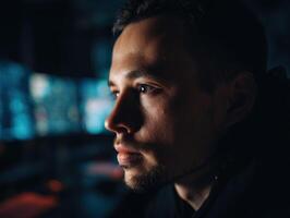 Close-up of a focused individual in dim lighting, gazing intently at multiple computer screens in a dark room, showcasing concentration and a tech-oriented environment photo