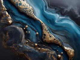 Abstract flowing design with swirling teal, blue, and gold liquid patterns, featuring metallic textures and spherical elements, creating a marbled effect with a luxurious appearance photo