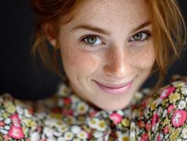 Smiling woman with freckles and red hair wearing a floral patterned shirt. Her green eyes and gentle expression convey warmth and friendliness, capturing a joyful moment photo