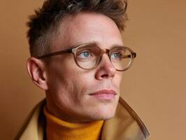 Young man with short hair wearing glasses and a yellow turtleneck, looking thoughtfully to the side with a neutral expression, brown jacket slightly opened at the collar photo