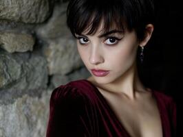 Dark-haired person gazing intensely, wearing a burgundy velvet outfit, dangling earring, and striking black eyeliner. The background has a textured stone surface photo
