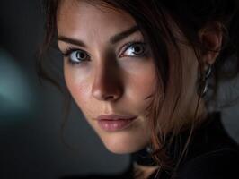 Elegant woman with wavy brown hair gazes intensely into the camera. Her makeup enhances her natural beauty, with emphasis on striking eyes and softly parted lips. She wears subtle jewelry photo
