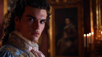Young man in ornate historical costume looks at camera in opulent room, with candles and blurred portrait in the background. Rich clothing details include lace and embroidery photo
