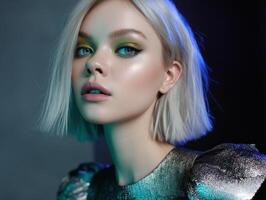 Fashion portrait of a young woman with blond bob hairstyle, wearing metallic textured outfit, and bold yellow eyeshadow. She has a poised expression and glowing skin photo
