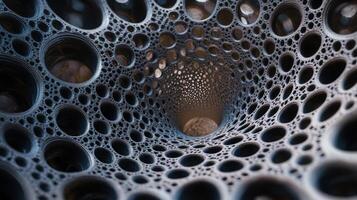 Complex geometric structure with numerous circular cutouts, spiraling towards the center. The intricate pattern creates a sense of depth and motion, with varying shades of gray photo