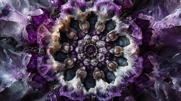 Abstract image of a circular geode with intricate patterns and vivid purple, white, and black colors, featuring crystalline textures and a symmetrical, kaleidoscopic design photo