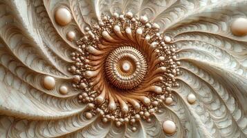 Abstract fractal design forms a swirling spiral pattern with intricate, layered textures and varying sizes of spheres in soft beige, cream, and brown tones, creating a sense of depth photo