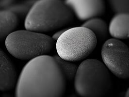 Smooth dark stones piled together with one uniquely lighter pebble centered, showcasing a variety of textures and intricate patterns in close-up, creating a serene, natural composition photo