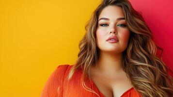 Confident woman with long flowing hair, wearing an orange top, poses against a vibrant dual-color backdrop of red and yellow, showcasing bold eye makeup and glossy lips photo