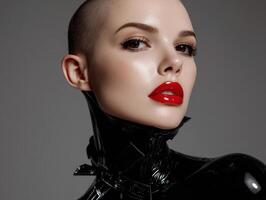 Bald woman with bright red lipstick and glossy eye makeup wears a shiny black latex outfit, exuding a fierce and edgy style, showcasing bold fashion and confidence photo