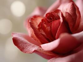 Red rose in close-up with detailed petals and soft texture, capturing the delicate beauty and vibrant color of the flower. The background is softly blurred, focusing on the bloom photo