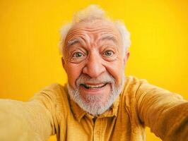 Elderly man with a joyful expression takes a selfie, featuring a bright yellow shirt and a matching vibrant yellow background photo