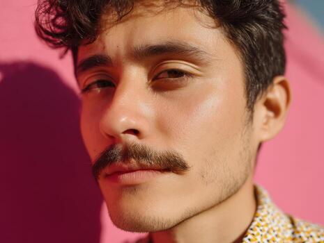 Curly-haired person with a mustache gazes at the camera, casting a sharp shadow. Warm light highlights features, wearing a patterned shirt, standing against a vibrant wall photo